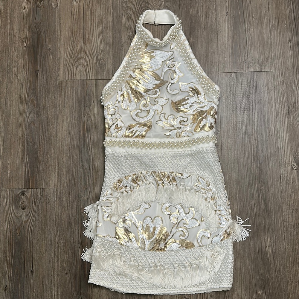 PrettyLittleThing White and Gold tassel Dress